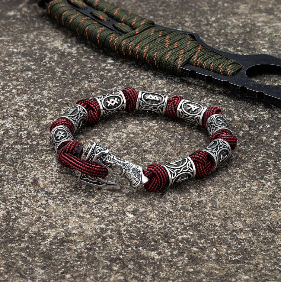 Nordisches Armband Keltisch Mjölnir Runen Wikinger Seil Amulett rot silber 21 cm