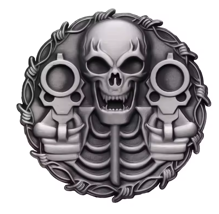 Massiver Biker-Pin „Skull & Guns“ – Totenkopf Anstecker