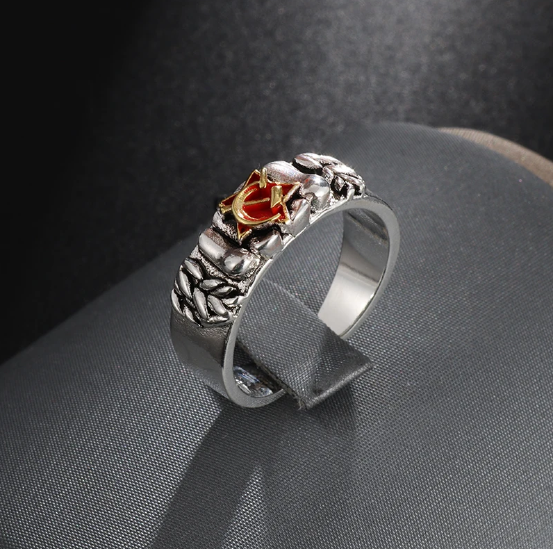 Ring Sowjetunion Hammer Sichel roter Stern Silber Gold Größenverstellbar