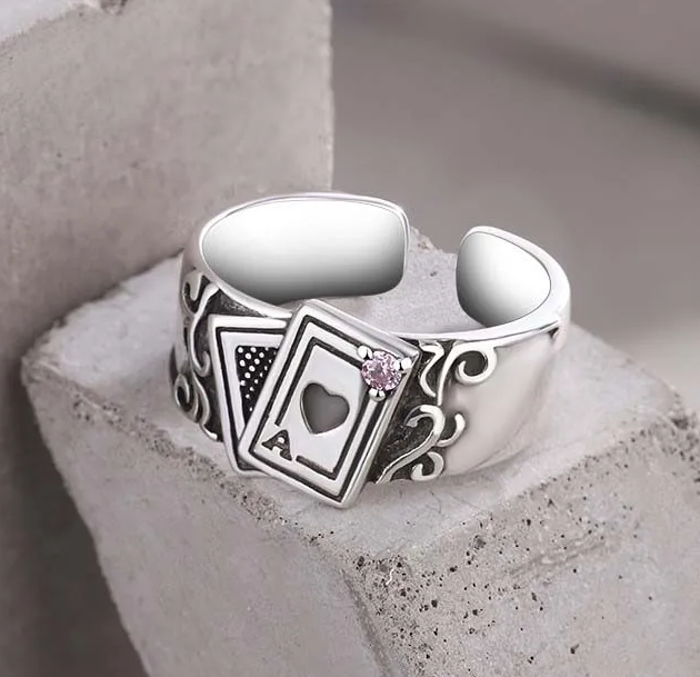 Ring Poker Spielkarten Ass Herz Strassstein silber schwarz Größenverstellbar