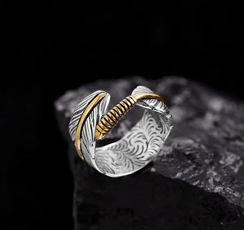 Ring Feder Edelstahl gold silber Western Indianer Unisex Größenverstellbar
