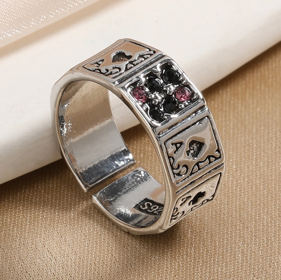 Ring Poker Spielkarten Strasssteine schwarz pink silber Größenverstellbar