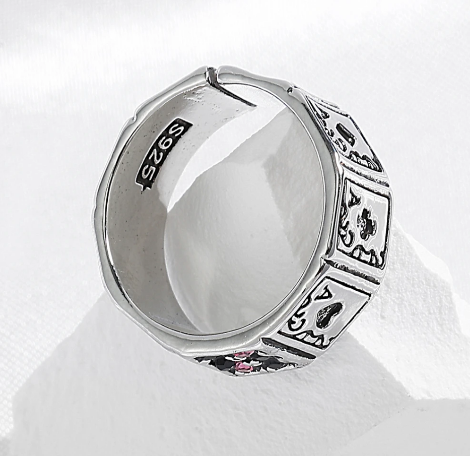 Ring Poker Spielkarten Strasssteine schwarz pink silber Größenverstellbar