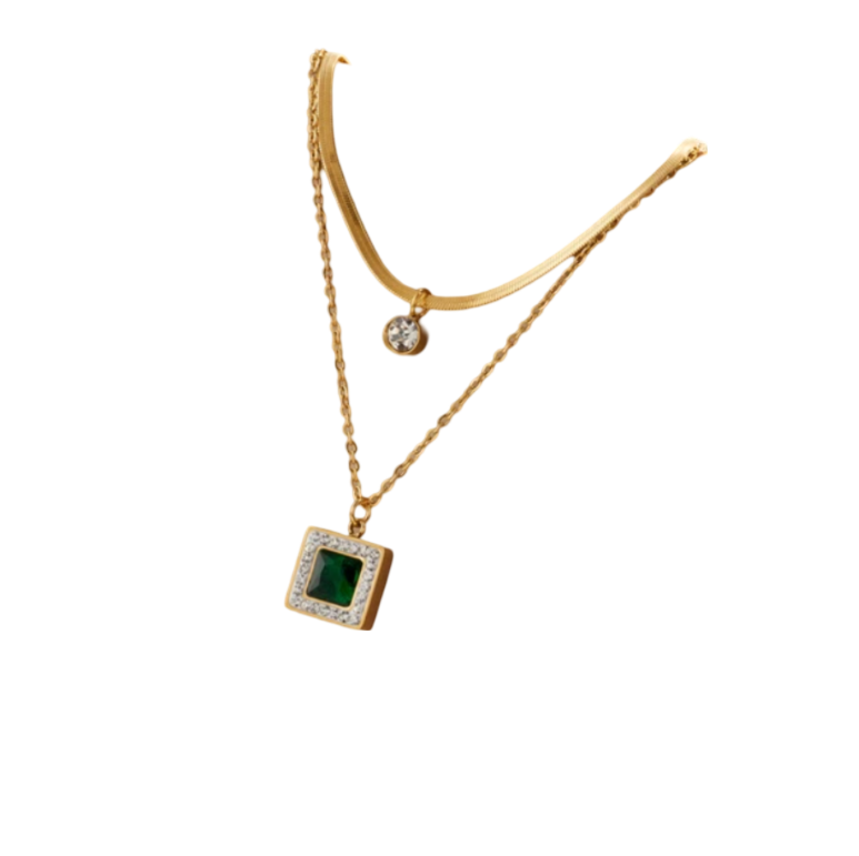 Schöne Halskette Quadrat grün Schmuck Gold plattiert (vergoldet)