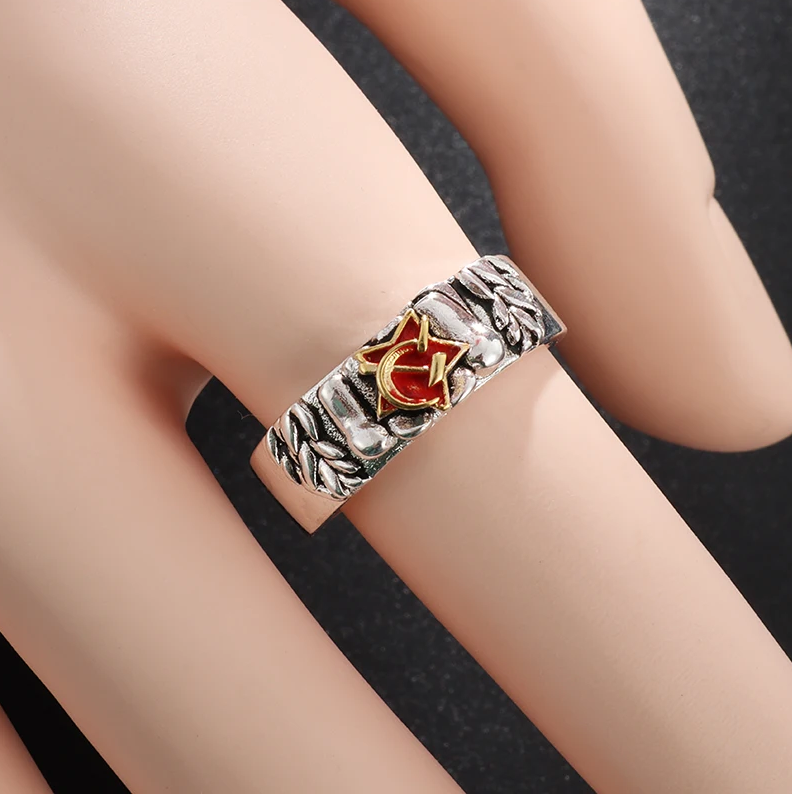 Ring Sowjetunion Hammer Sichel roter Stern Silber Gold Größenverstellbar