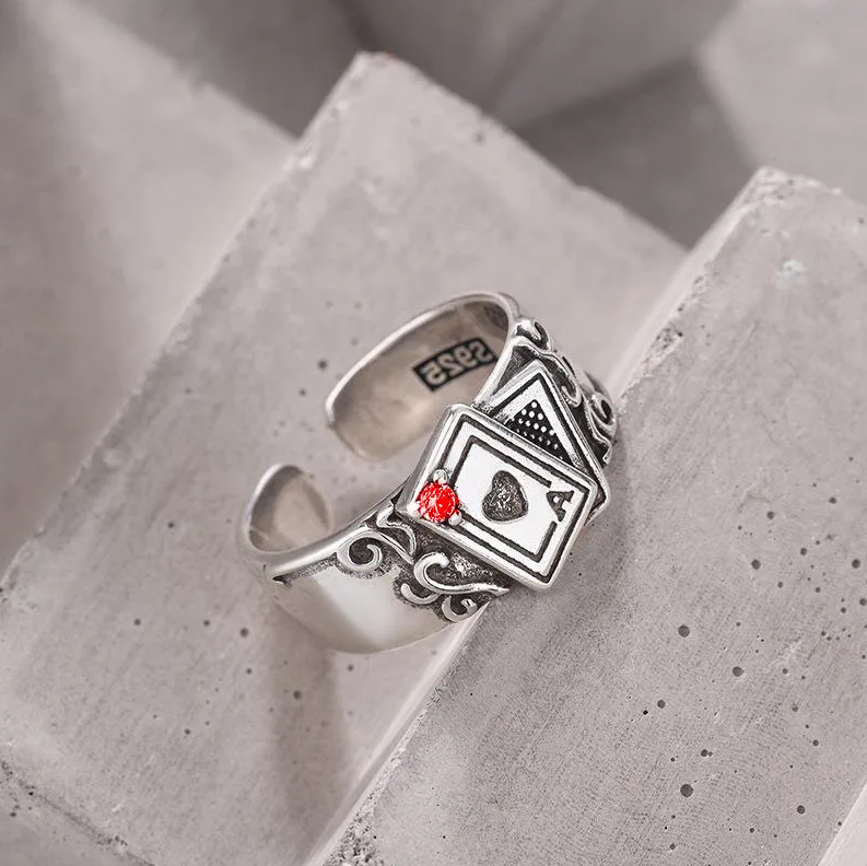Ring Poker Spielkarten Ass Herz Strassstein silber schwarz Größenverstellbar