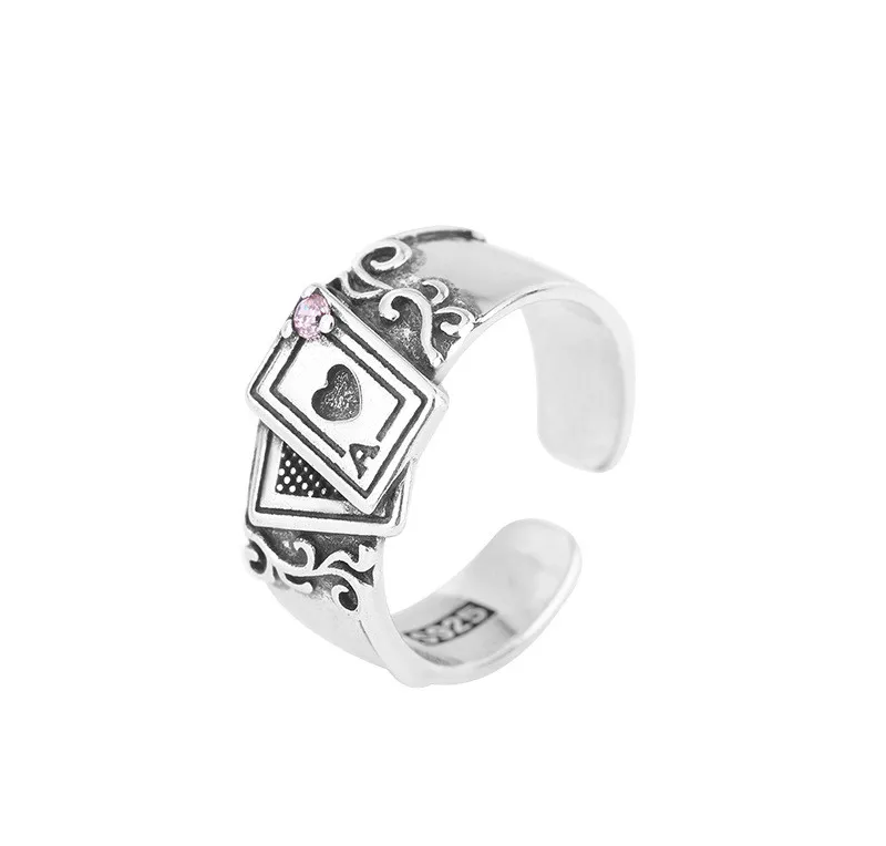 Ring Poker Spielkarten Ass Herz Strassstein silber schwarz Größenverstellbar