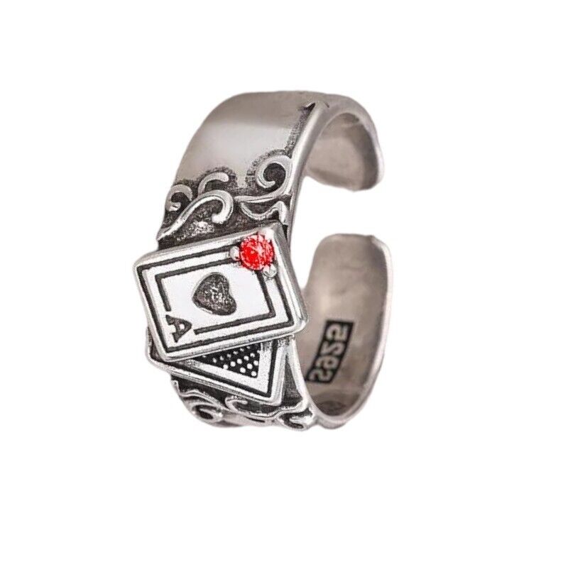 Ring Poker Spielkarten Ass Herz Strassstein silber schwarz Größenverstellbar