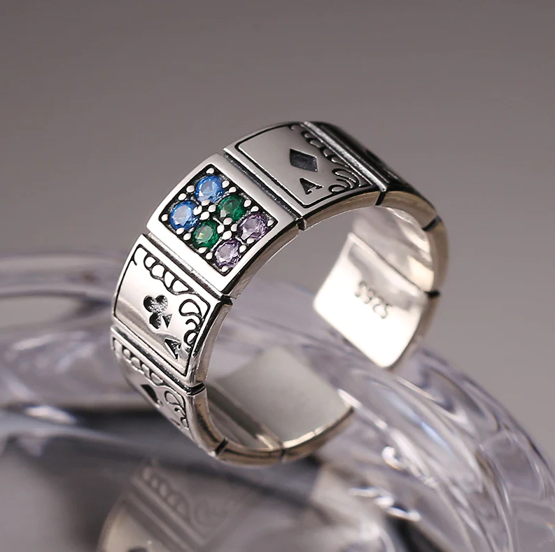 Ring Poker Spielkarten Strasssteine blau grün weiß silber Größenverstellbar
