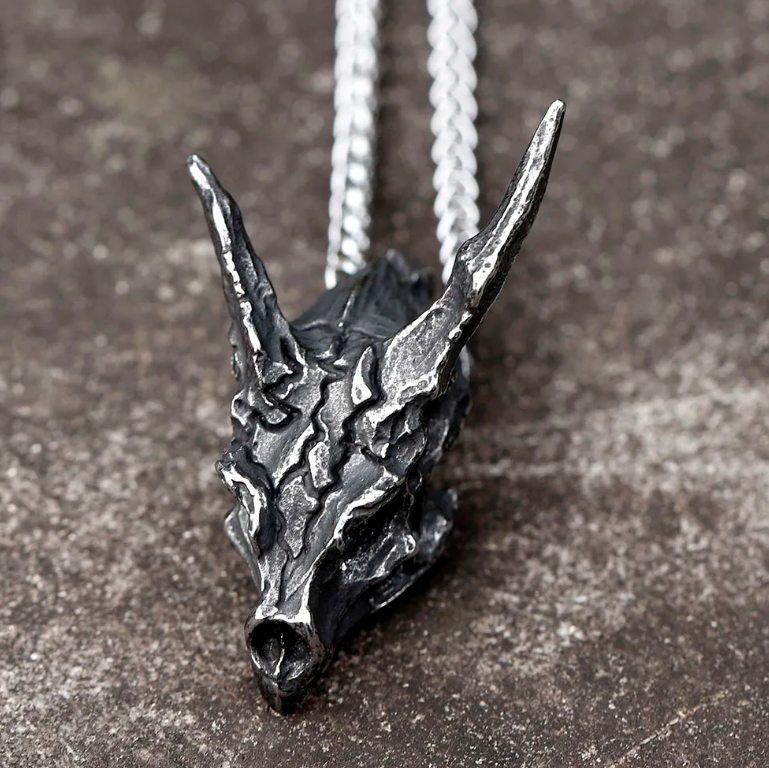 Nordische Halskette Drache Schädel Wikinger Anhänger Kette Edelstahl silber 60 cm