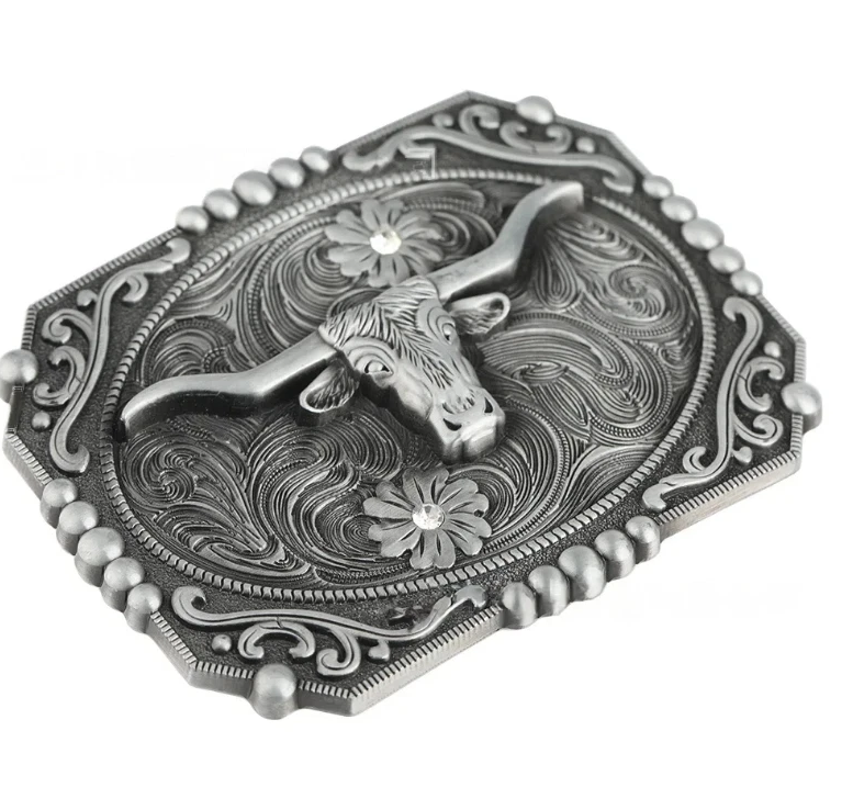 Gürtelschnalle Longhorn-Bulle im floralen Design für Gürtel bis 4 cm Breite