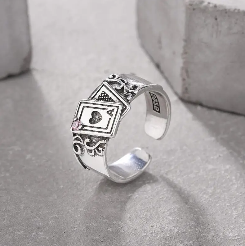 Ring Poker Spielkarten Ass Herz Strassstein silber schwarz Größenverstellbar