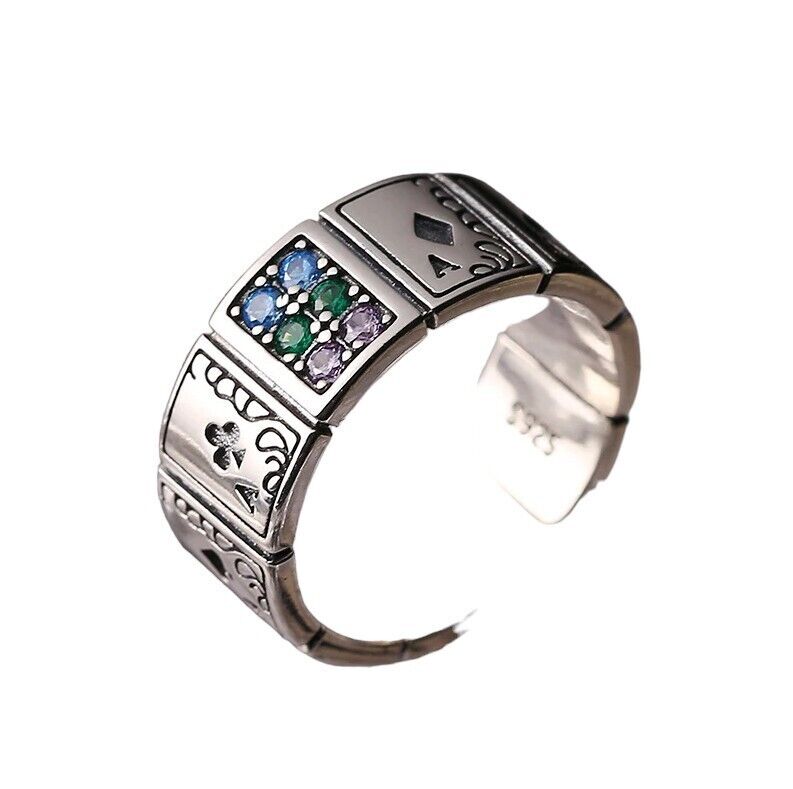 Ring Poker Spielkarten Strasssteine blau grün weiß silber Größenverstellbar