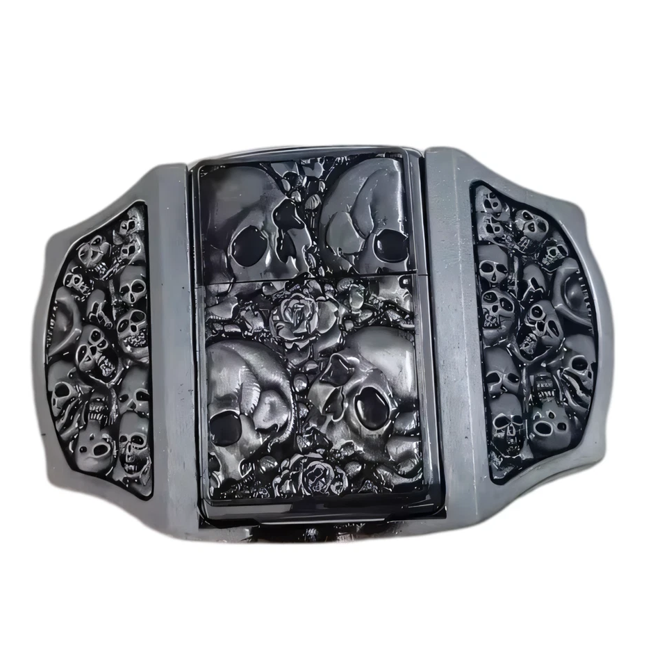 Gürtelschnalle Skulls & Roses mit Feuerzeug Set für Gürtel bis 4 cm Breite