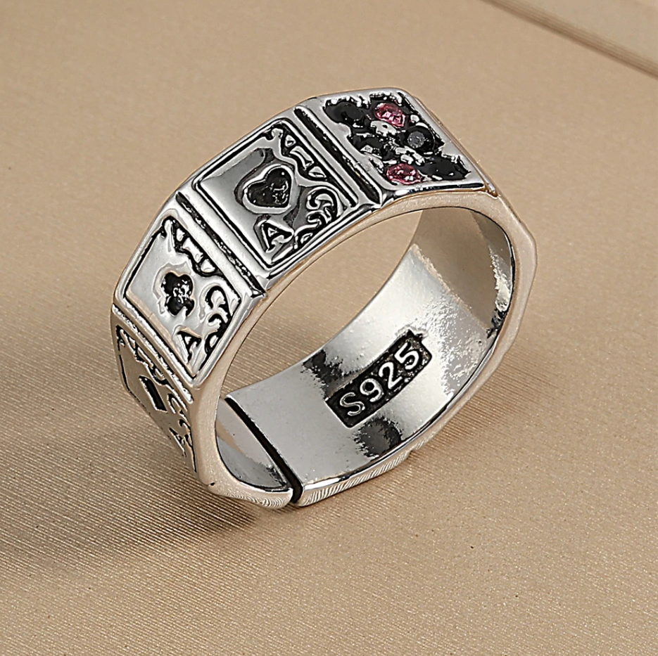 Ring Poker Spielkarten Strasssteine schwarz pink silber Größenverstellbar
