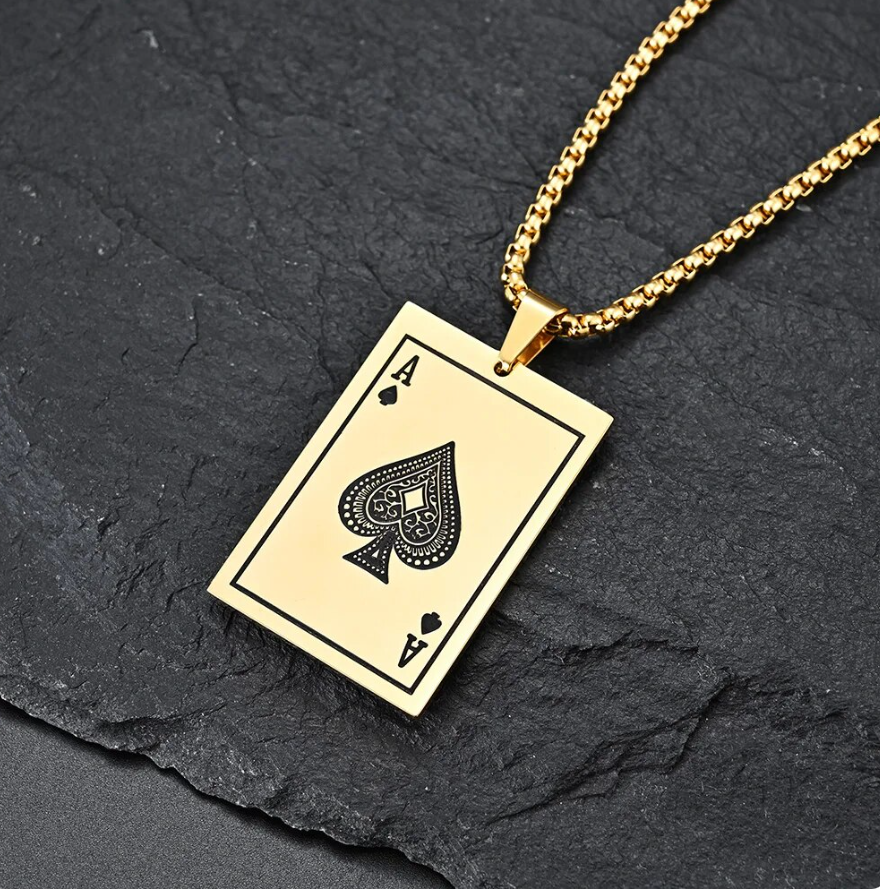 Halskette Poker Pikass Karte Pik Ass Edelstahl Gold 65cm Anhänger 4,0 x 2,7 cm
