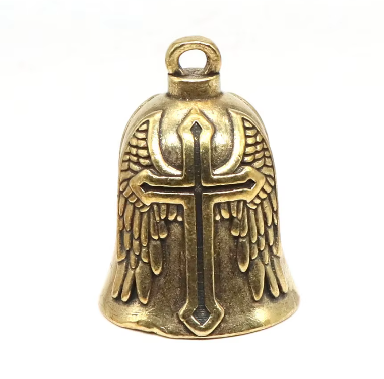 Biker Bell „Geflügeltes Kreuz“ – Motorrad Glocke Messing-Optik Glücksbringer