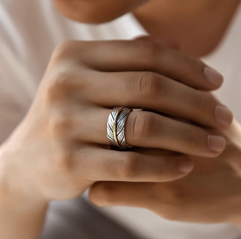 Ring Feder Edelstahl gold silber Western Indianer Unisex Größenverstellbar