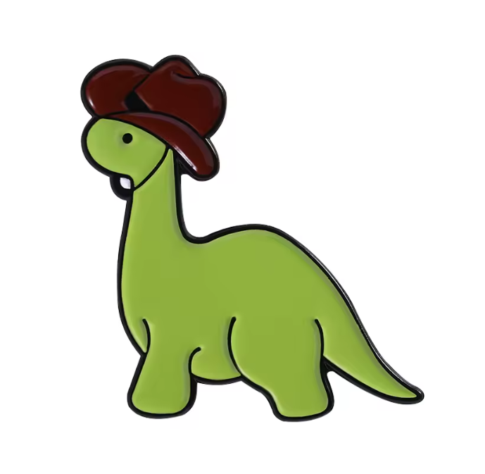 Anstecker „Howdy Dino“ Grüner Dinosaurier mit Cowboyhut