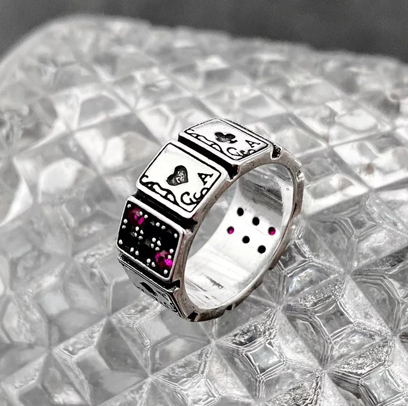 Ring Poker Spielkarten Strasssteine schwarz pink silber Größenverstellbar
