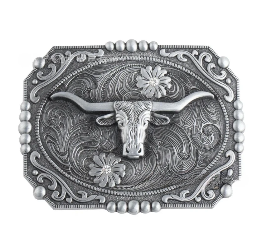 Gürtelschnalle Longhorn-Bulle im floralen Design für Gürtel bis 4 cm Breite