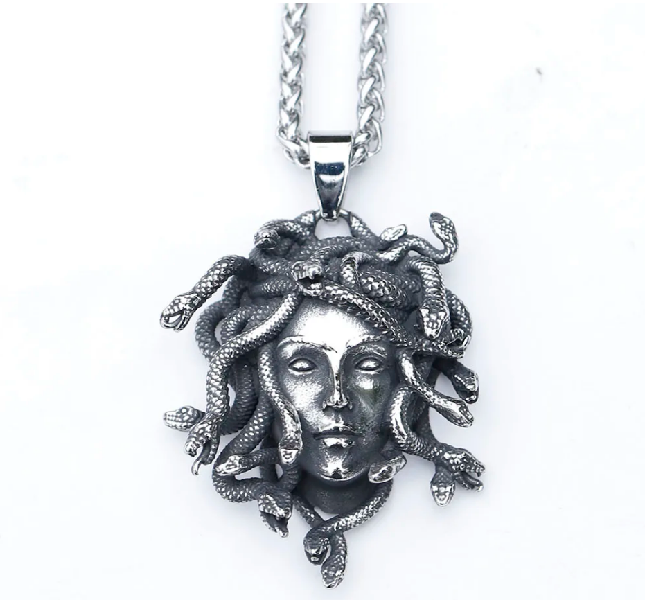 Medusa Halskette Edelstahl Gorgone Schlangen griechische Mythologie silber 60 cm