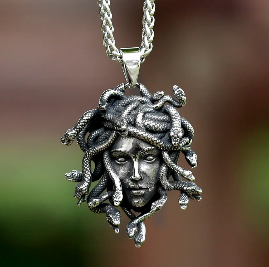 Medusa Halskette Edelstahl Gorgone Schlangen griechische Mythologie silber 60 cm