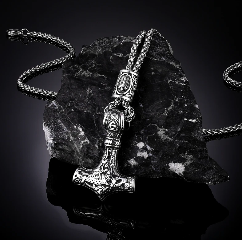 Nordische Halskette Thors Hammer Keltisch Mjölnir Vegvisir Wikinger Silber 60 cm